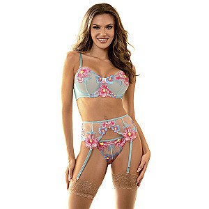 Subblime Flower Embroidered Bra And Garter Belt Set (Blue/Pink), lace lingerie garter set S/M