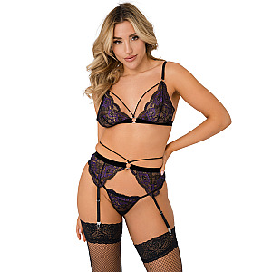 Daring Intimates 3PC Lace Bra, Panty & Garter Set (Purple), lace 3-piece set