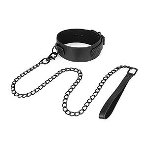 Bedroom Fantasies Faux Leather Collar & Chain (Black), fetish collar with leash