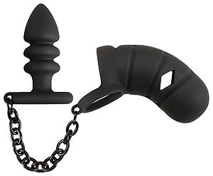Black Velvets Cock Cage + Butt Plug (Black), anal lock chastity belt