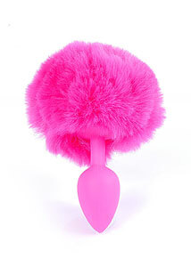 Pink bunny tail on a silicone anal plug, 6.5 x 2.7 cm