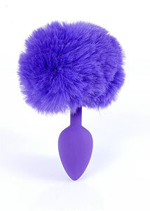 Purple bunny tail on a silicone anal plug, 6.5 x 2.7 cm